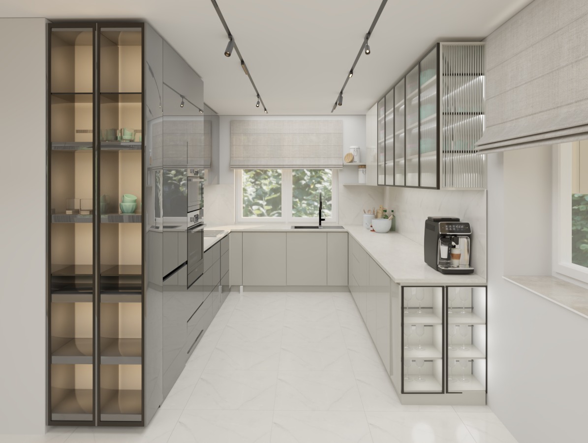 Nowoczesna kuchnia w odcieniach szarości z przeszklonymi szafkami i marmurową podłogą. Ekspres do kawy na blacie. Minimalistyczny design, jasne wnętrze.