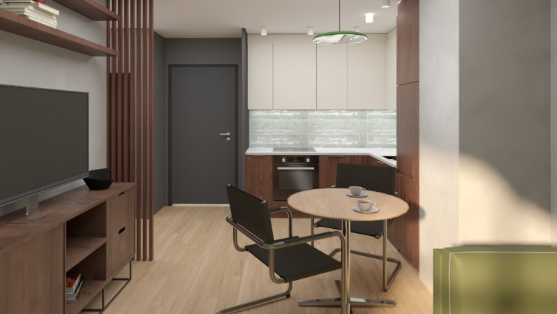 Wnętrze mieszkania z aneksem kuchennym: stół z krzesłami, zabudowa kuchenna z białymi szafkami i drewnianymi frontami, telewizor na komodzie, drewniane lamele.