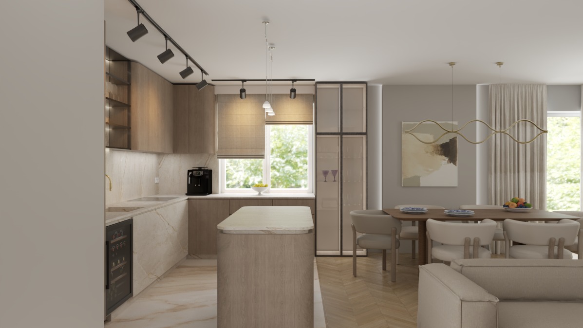 Jasna kuchnia z wyspą i marmurowym blatem, widok na jadalnię z drewnianym stołem i krzesłami. Nowoczesne oświetlenie sufitowe.