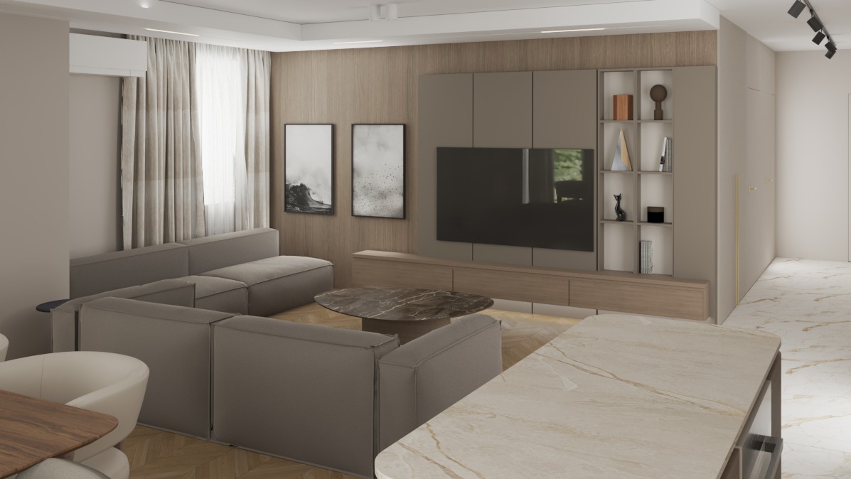 Nowoczesny salon z narożną sofą, marmurowym stolikiem kawowym i ścianą z zabudową TV w odcieniach beżu. Dwie grafiki nad sofą, parkiet w jodełkę i marmurowa podłoga.