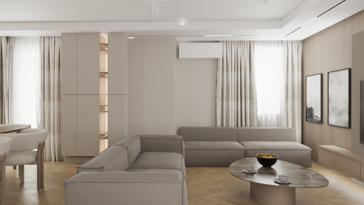 Neutralna tonacja salonu: sofa modułowa, stolik kawowy z marmurowym blatem, zabudowa meblowa z oświetleniem, minimalistyczne obrazy na ścianie i parkiet w jodełkę.