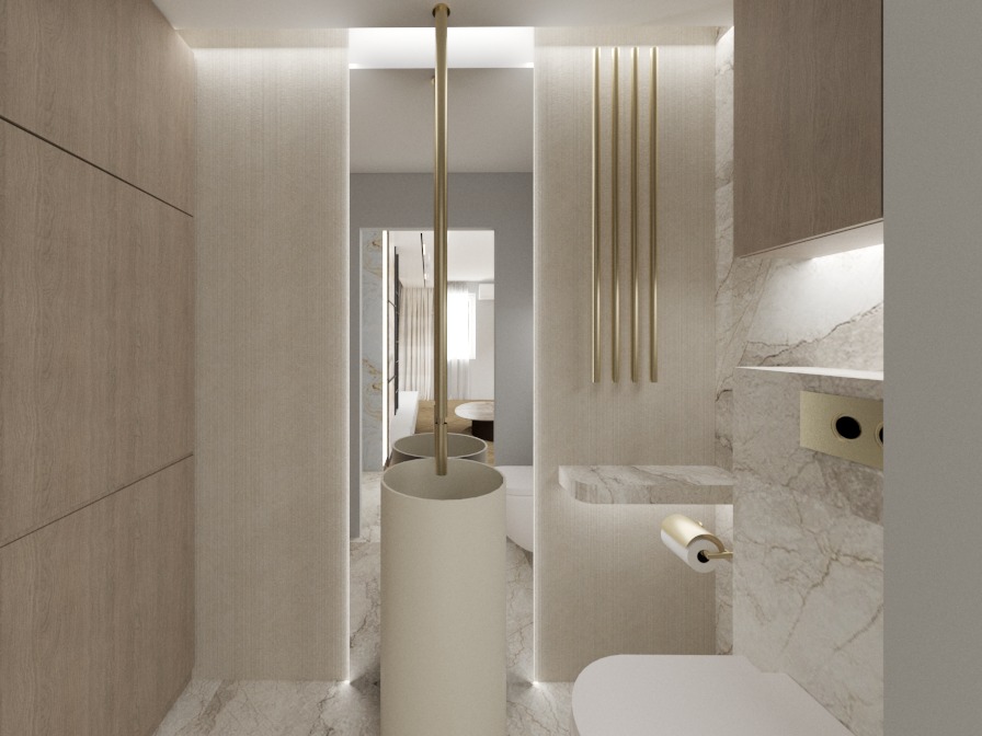 Maleńka łazienka z pralka i suszarką w zabudowie.