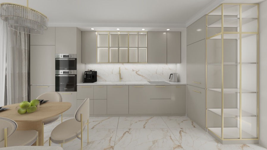 Neutralna kuchnia z marmurowym blatem i złotymi akcentami. Widoczny stół z owocami i krzesła. Nowoczesny design z oświetleniem.