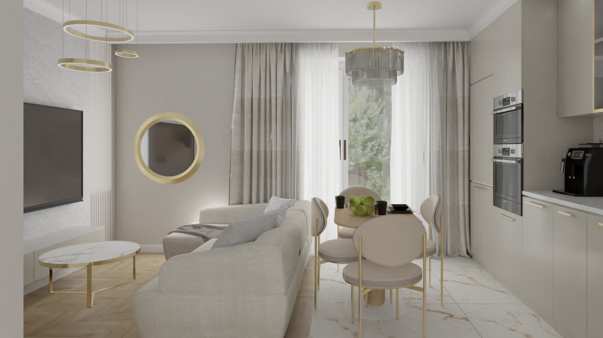Wnętrze w beżach: sofa narożna z poduszkami, okrągłe lustro i stolik kawowy z marmurowym blatem. W tle stół z krzesłami i zabudowa kuchenna.