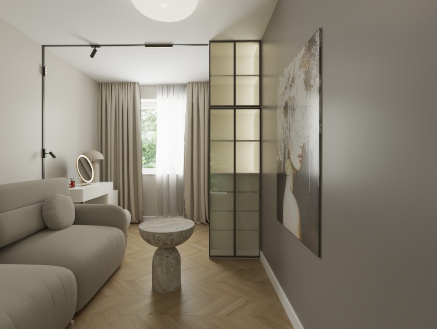 Nowoczesny salon w beżach: sofa, stolik z kamienia, toaletka z lustrem i regał z czarnymi ramami. Obraz kobiety na ścianie, parkiet w jodełkę.