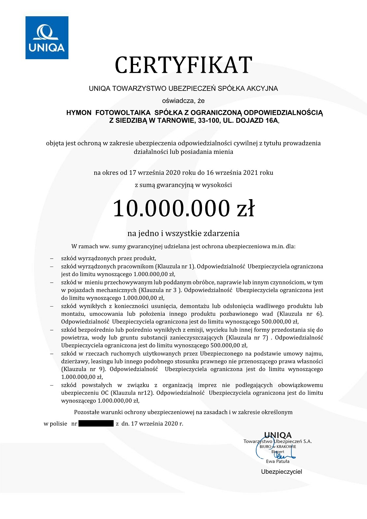 Certyfikat ubezpieczenia firmy Hymon Fotowoltaika przez UNIQA na kwotę 10 milionów złotych.