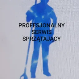 Niebieska sylwetka osoby sprzątającej z mopem, tekst 'PROFESJONALNY SERWIS SPRZĄTAJĄCY' na jasnym tle.