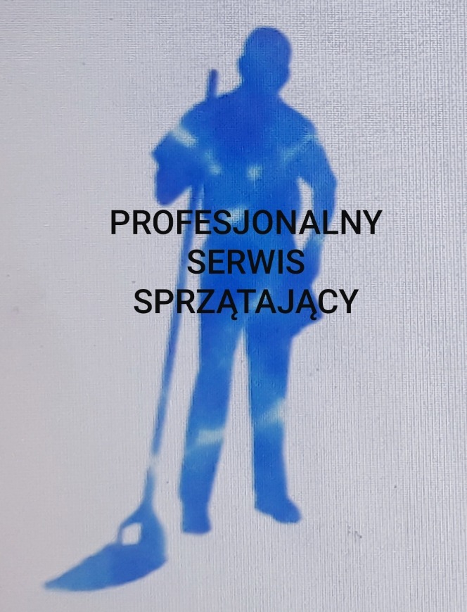 Niebieska sylwetka osoby sprzątającej z mopem, tekst 'PROFESJONALNY SERWIS SPRZĄTAJĄCY' na jasnym tle.