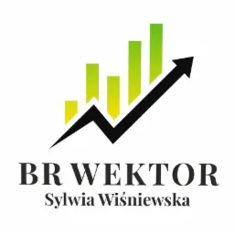 Logo firmy BR WEKTOR Sylwia Wiśniewska z grafiką słupków wzrostu i strzałki wskazującej trend wzrostowy.
