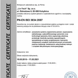 Skan certyfikatu zgodności procesów spawania z normą PN-EN ISO 3834:2007, wydany przez London Quality Centre dla firmy Lin-Tech Sp. z o.o., z datą ważności do 17.05.2021 i podpisem Tomasza Stańczyka.