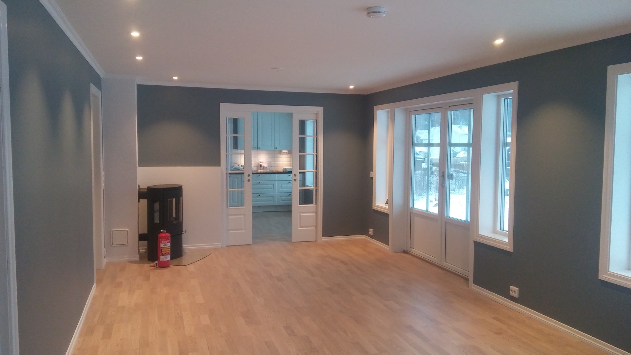 Wnętrze pomalowanego na szaro salonu z drewnianą podłogą, widok na kuchnię przez przeszklone drzwi, piec wolnostojący i gaśnica w rogu.