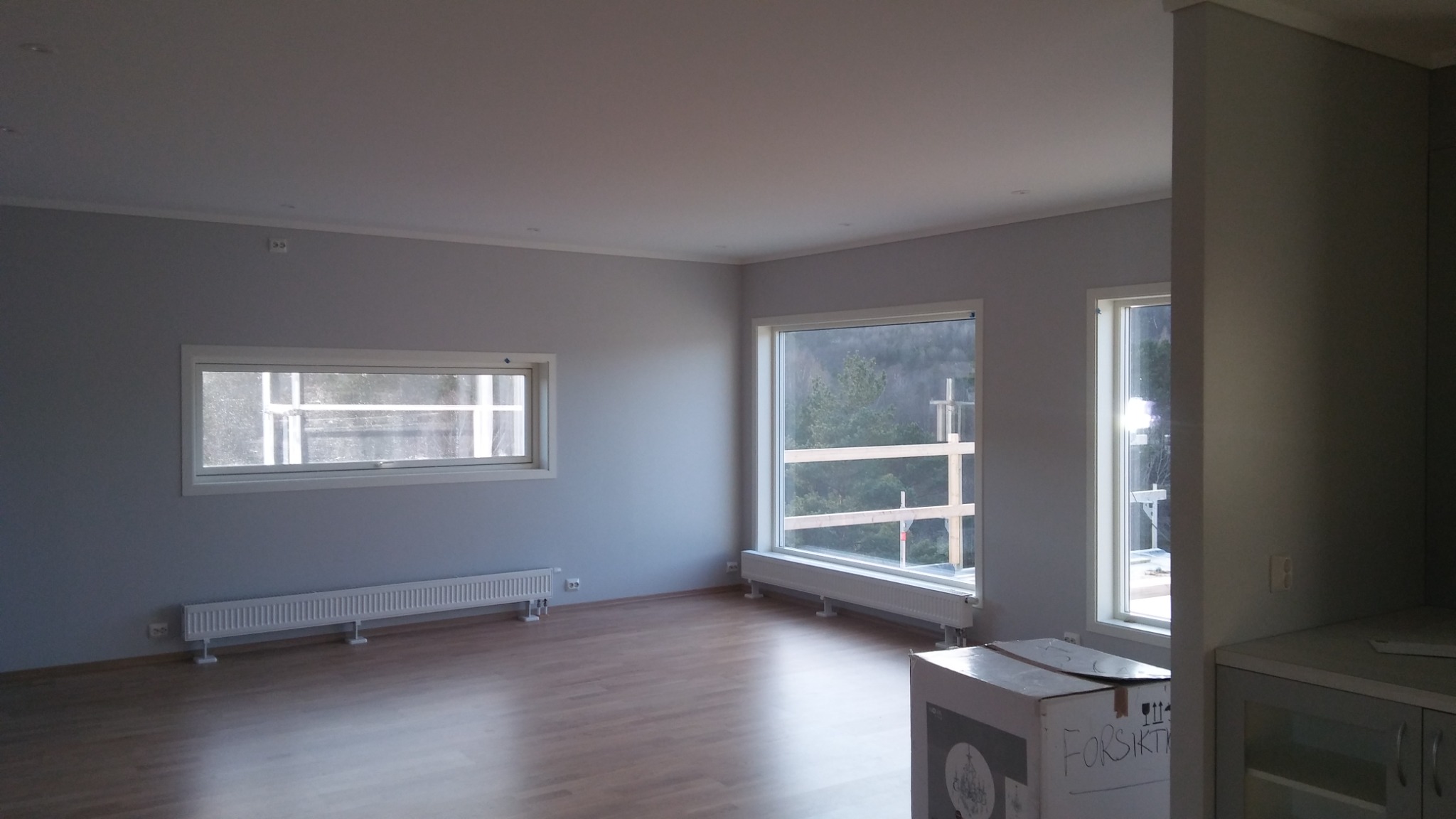 Jasne wnętrze po remoncie, ściany pomalowane na szaro, widoczne okna z widokiem na zewnątrz, parkiet na podłodze, kartonowe pudło w rogu pomieszczenia.