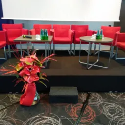 Scena z rzędem czerwonych krzeseł, stolikami z wodą i mikrofonem, oraz bukietem czerwonych kwiatów na pierwszym planie, przygotowana do wystąpień.