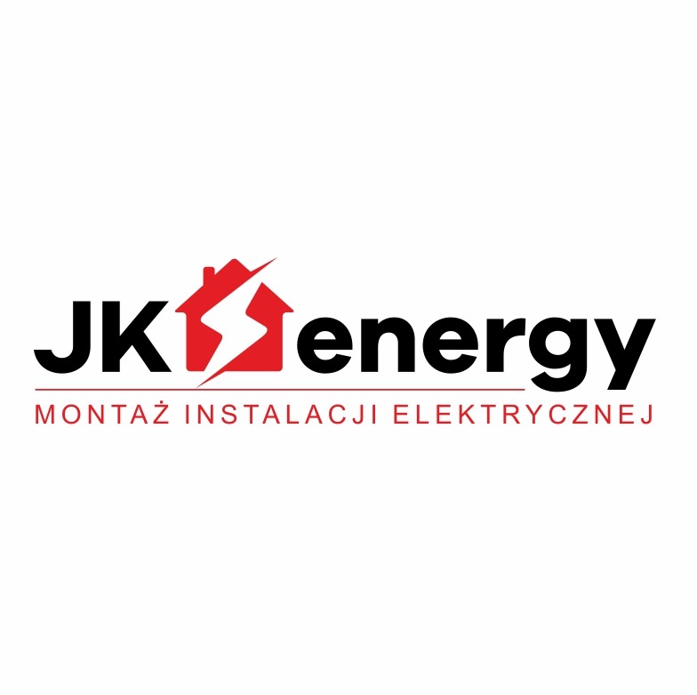 Logo firmy JK Energy z Warszawy, specjalizującej się w montażu instalacji elektrycznej. Logo przedstawia stylizowany dom z symbolem błyskawicy w kolorze czerwonym, obok napis 'energy'. Pod spodem...