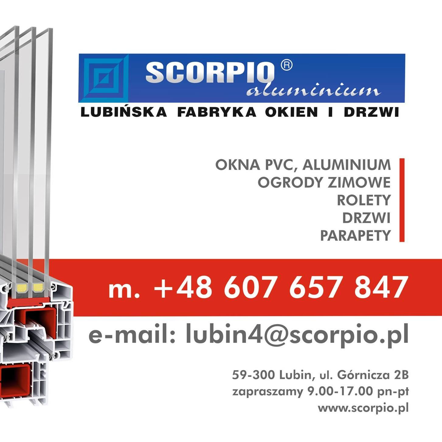 Przekrój ramy okiennej na tle reklamy firmy Scorpio z Lubina, oferującej okna, drzwi, rolety i ogrody zimowe.