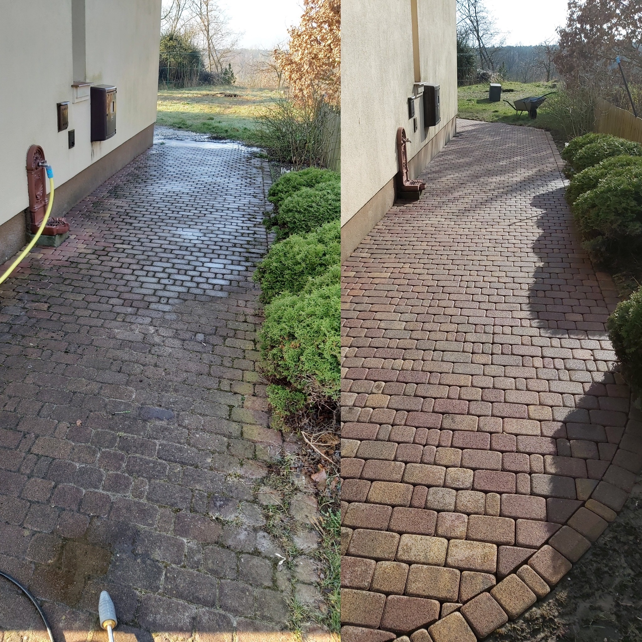 Porównanie kostki brukowej przed i po czyszczeniu: lewa strona brudna, pokryta mchem i zabrudzeniami, prawa strona czysta, ukazująca naturalny kolor i wzór kostki, widoczna żółta rura...