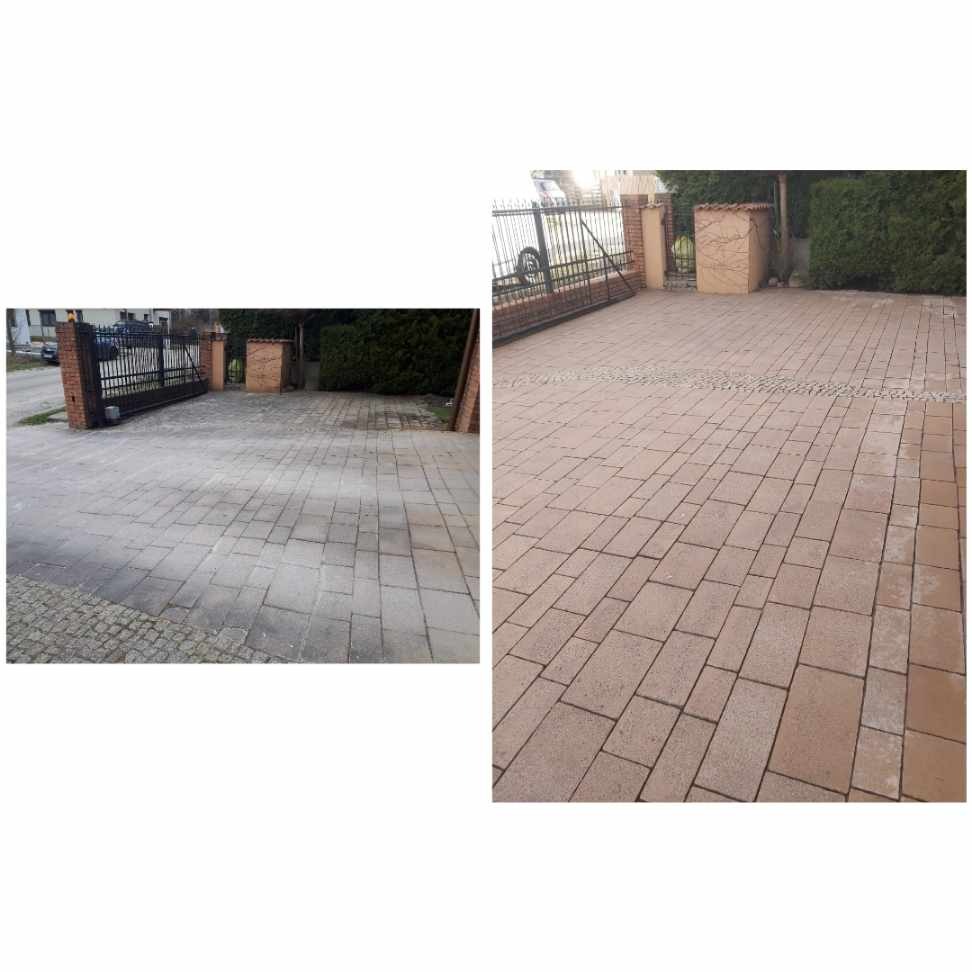 Porównanie kostki brukowej przed i po umyciu, widoczne różnice w kolorze i czystości, brama wjazdowa w tle.