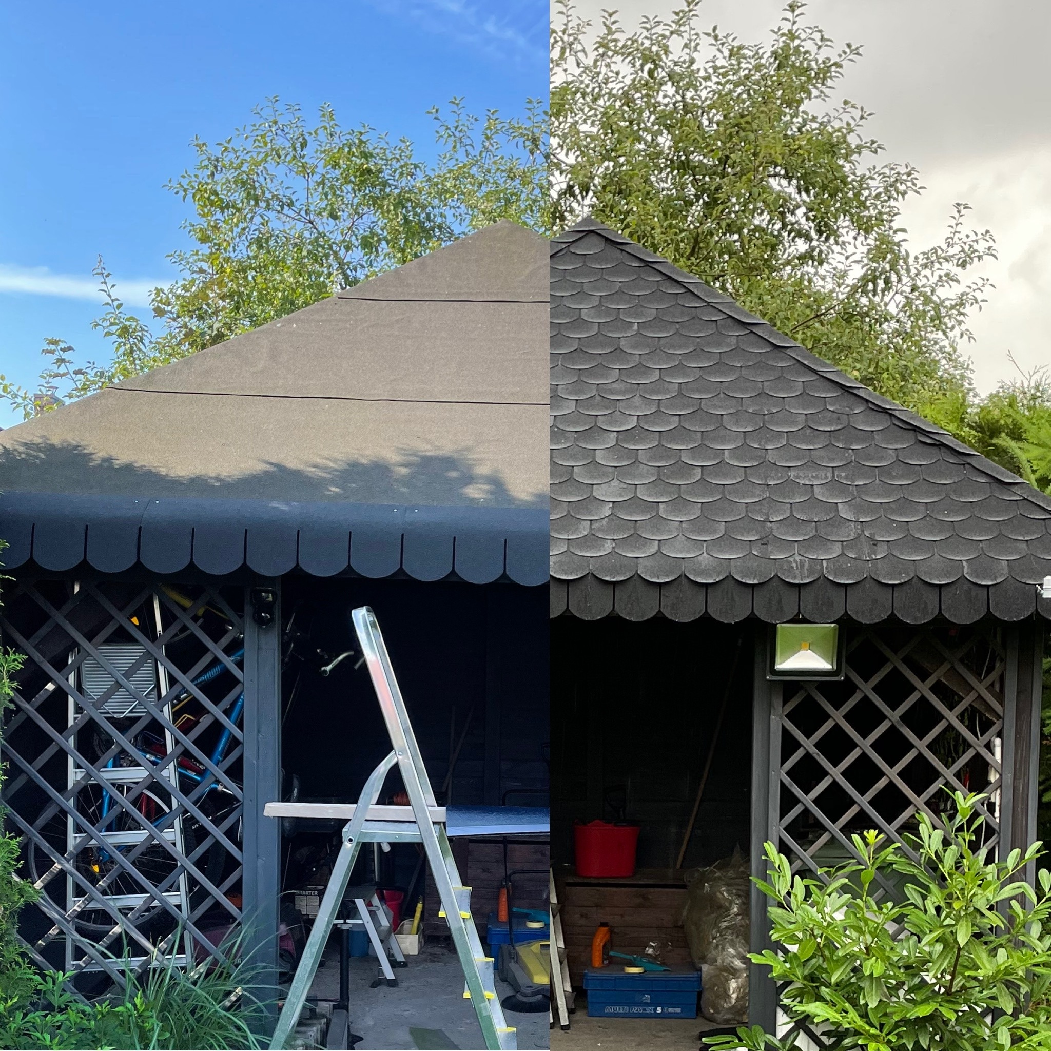 Porównanie dachu altany przed i po renowacji: po lewej stronie gładki, czarny dach, po prawej dach pokryty czarną dachówką bitumiczną o wzorze łuski, widoczne rusztowanie i narzędzia wewnątrz.