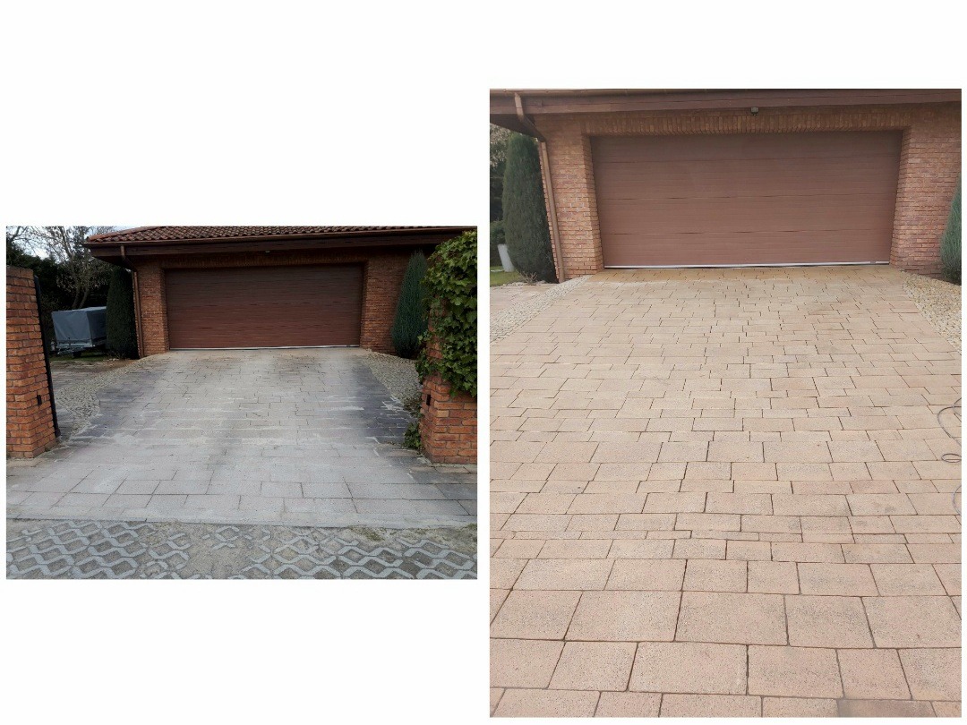 Porównanie stanu kostki brukowej przed i po czyszczeniu: po lewej stronie widoczny brudny podjazd do garażu, po prawej wyczyszczona, jasna kostka brukowa na podjeździe.