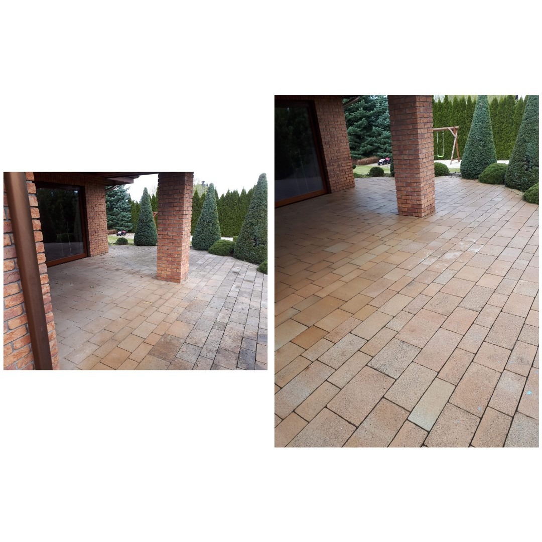 Porównanie efektu przed i po czyszczeniu kostki brukowej na tarasie w Kórniku, widoczne różnice w kolorze i czystości kostki, tło z tujami i elementami architektury.