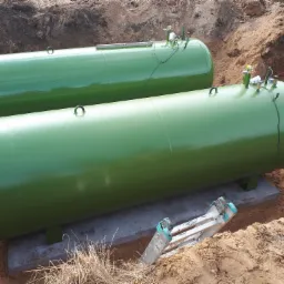 Dwa zielone zbiorniki gazu zakopane w ziemi, widoczna drabina oparta o brzeg wykopu i poziomica na jednym ze zbiorników.