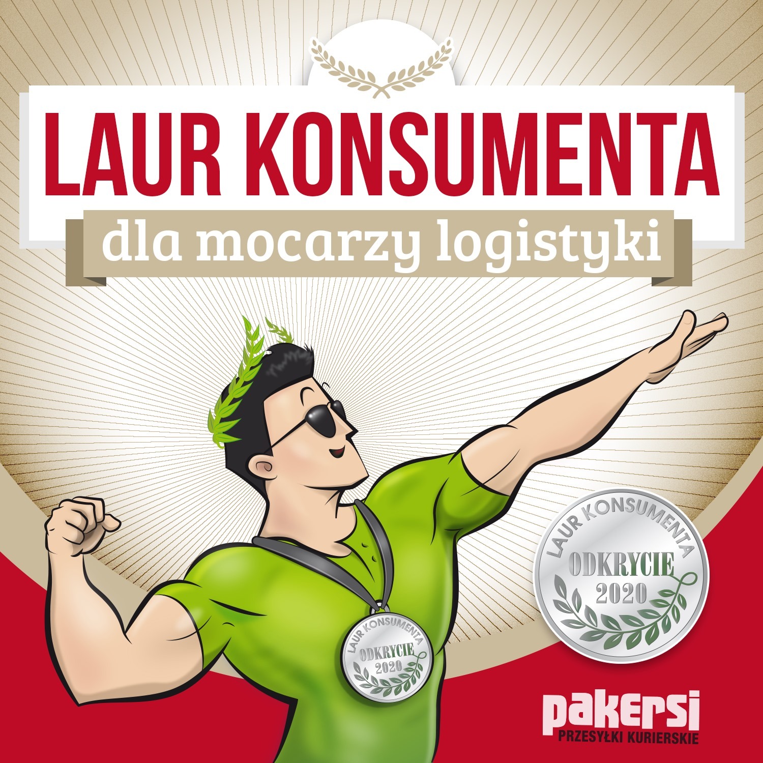 Ilustracja z logo 'Laur Konsumenta - Odkrycie 2020 dla mocarzy logistyki', przedstawiająca postać w okularach słonecznych z wieńcem laurowym na głowie i medalem, promująca firmę kurierską 'pakersi'.