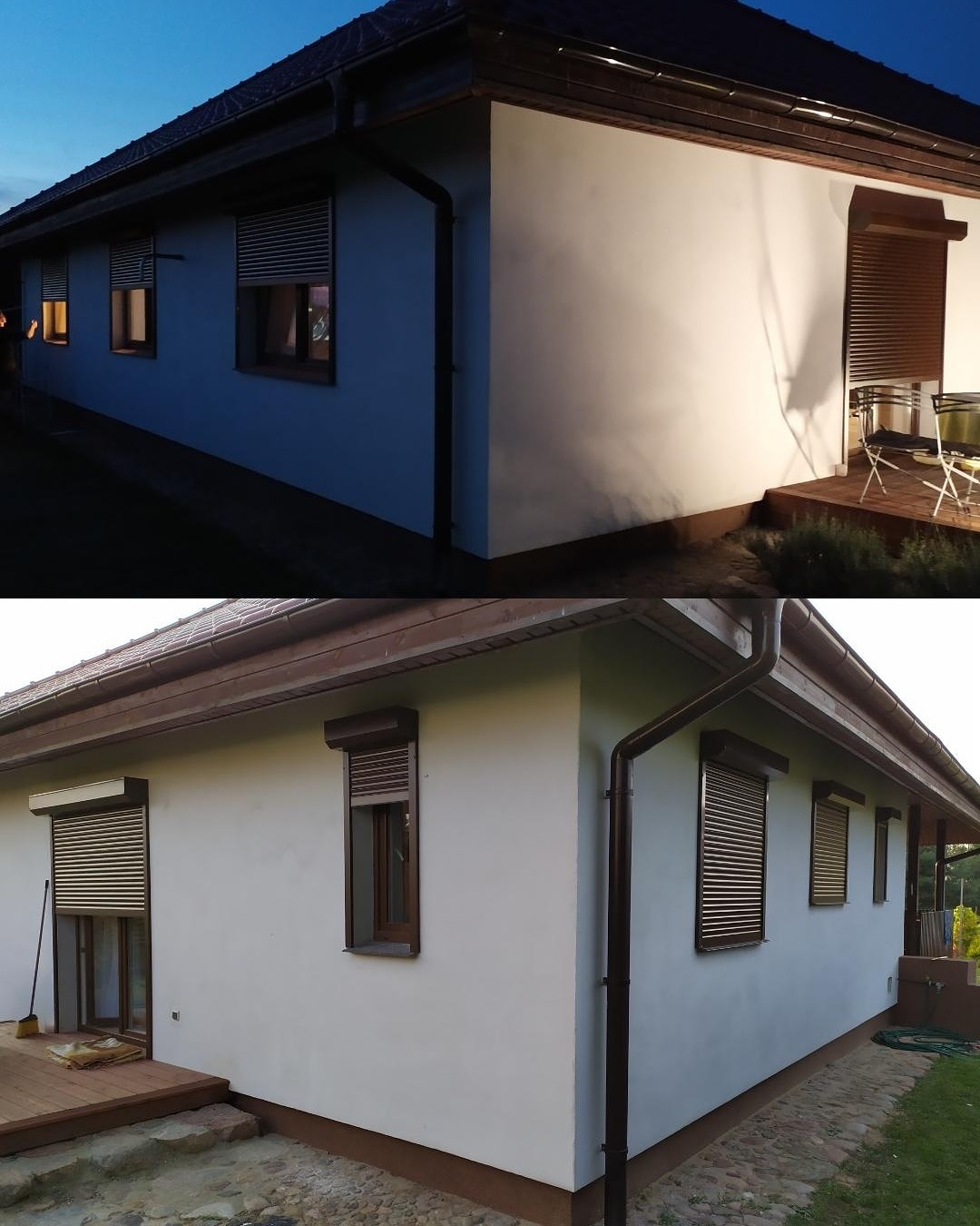 Dwuczęściowe ujęcie domu jednorodzinnego z zewnątrz, prezentujące okna z zamontowanymi roletami zewnętrznymi w kolorze brązowym, z różnym stopniem oświetlenia w zależności od pory dnia.