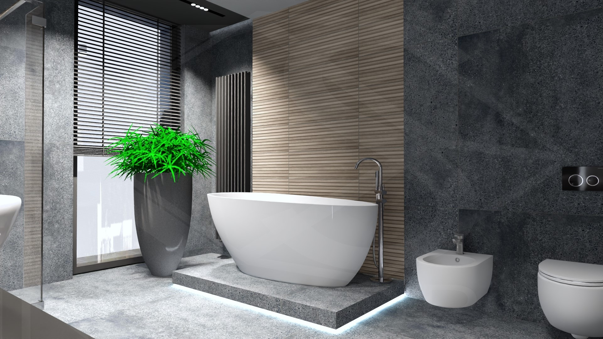 Nowoczesna łazienka z wolnostojącą wanną na podświetlanym podeście, bidetem i toaletą w minimalistycznym stylu, z akcentami drewnianych paneli i bujną zieloną rośliną doniczkową.