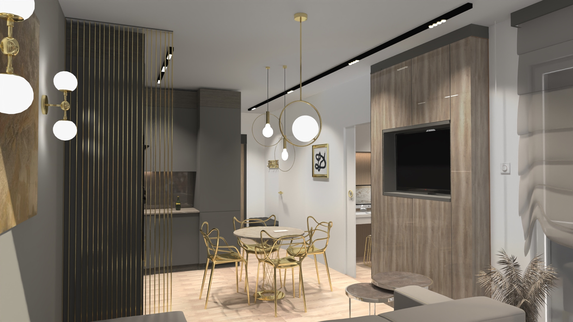 Wizualizacja salonu z aneksem kuchennym, złote krzesła przy okrągłym stole, minimalistyczne lampy wiszące z okrągłymi kloszami, ściana z zabudową telewizora w odcieniach brązu.
