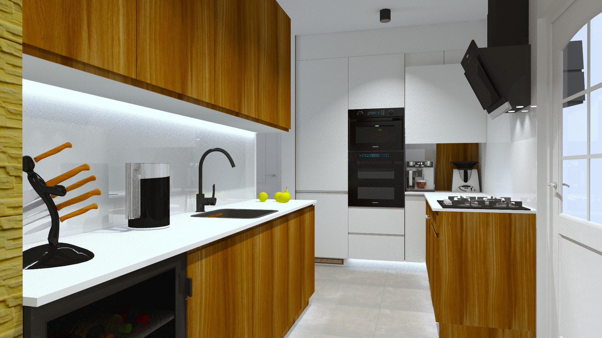 Wizualizacja nowoczesnej kuchni z drewnianymi frontami szafek dolnych, białymi szafkami górnymi, czarnym zlewem i baterią, oraz zestawem noży na blacie.