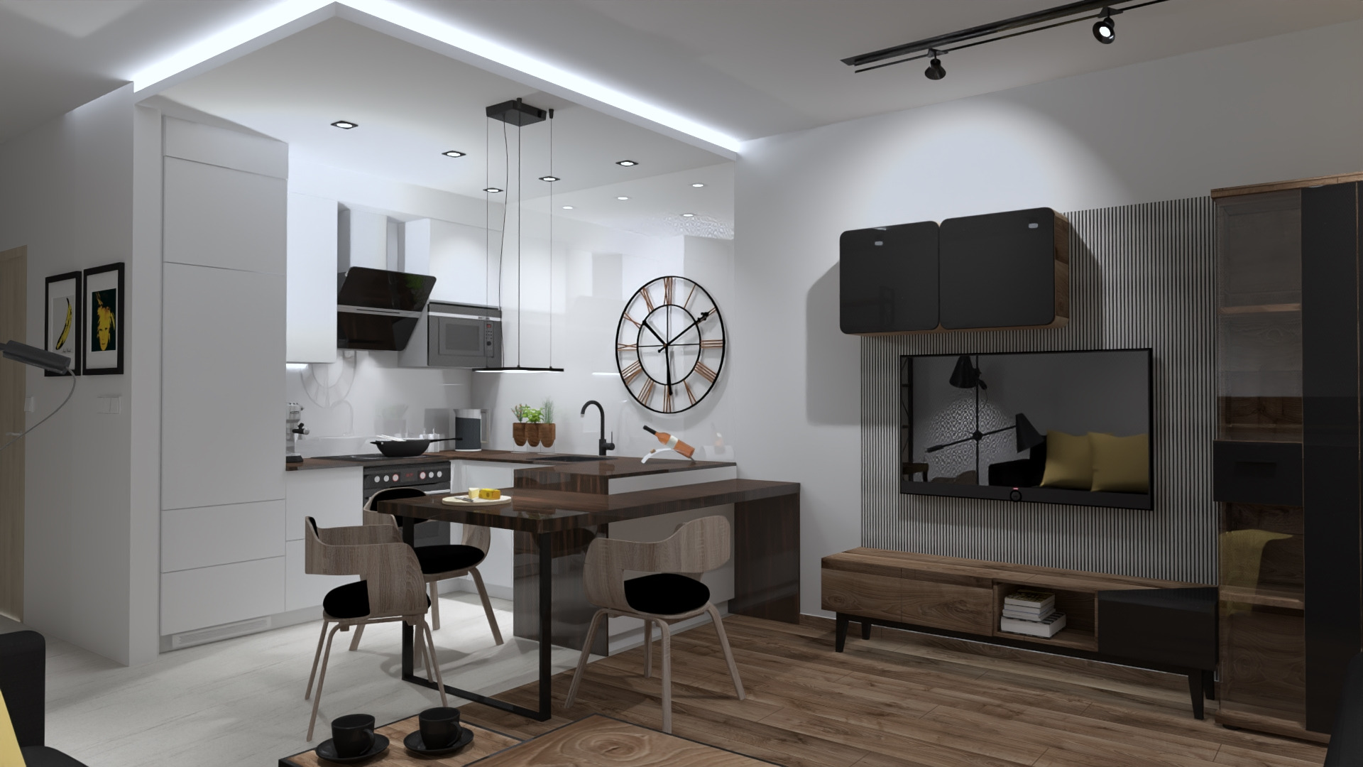 Wizualizacja nowoczesnego wnętrza z otwartą kuchnią, drewnianym stołem i krzesłami, dużym zegarem na ścianie oraz szafkami RTV w kolorach drewna i czerni.
