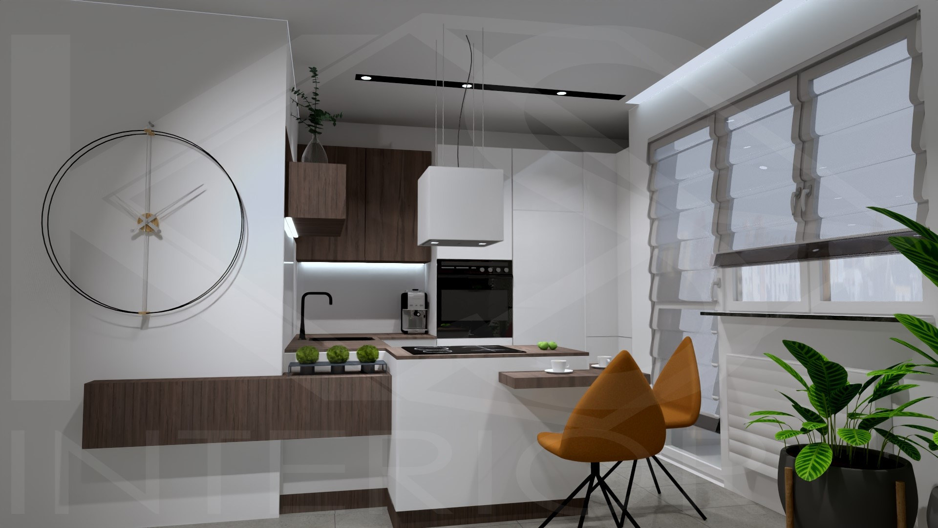 Wizualizacja nowoczesnej kuchni z białymi i drewnianymi szafkami, minimalistycznym okapem, czarnym piekarnikiem i płytą, oraz złotymi krzesłami barowymi na tle okna z żaluzjami rzymskimi.