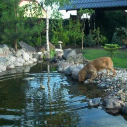 Oczko wodne z kamiennym brzegiem i dekoracyjnymi kaczkami, pies pije wodę, w tle trawnik i altana.