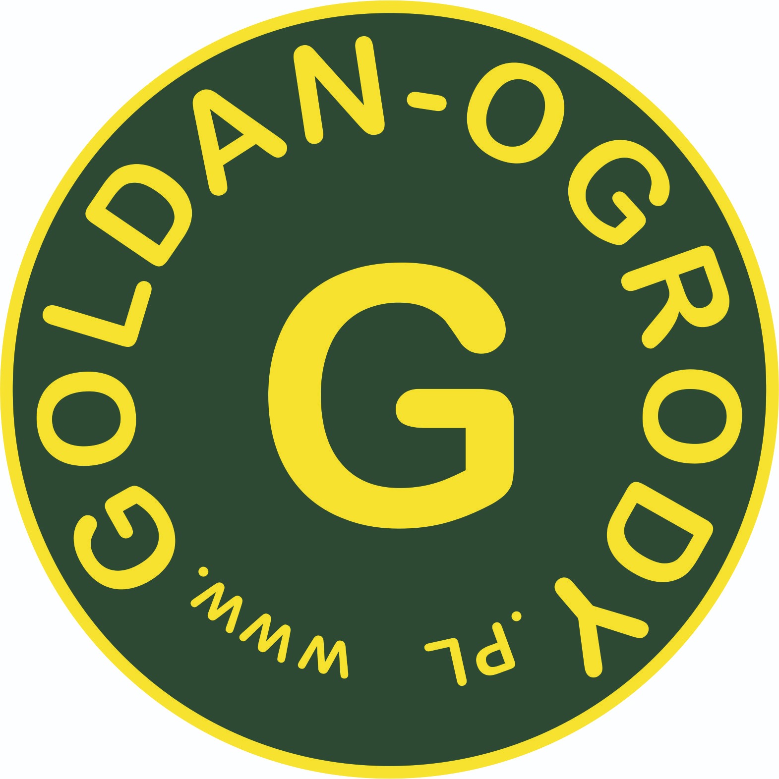 Okrągłe logo firmy Goldan-Ogrody z dużą literą G w kolorze żółtym na ciemnozielonym tle, otoczone żółtą obwódką i napisem z nazwą firmy oraz adresem strony internetowej.