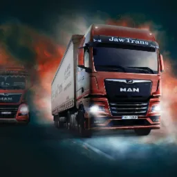 Dwa pomarańczowe ciągniki siodłowe MAN JawTrans z naczepami na tle efektownej grafiki z smugami światła i dymu, prezentacja floty transportowej.