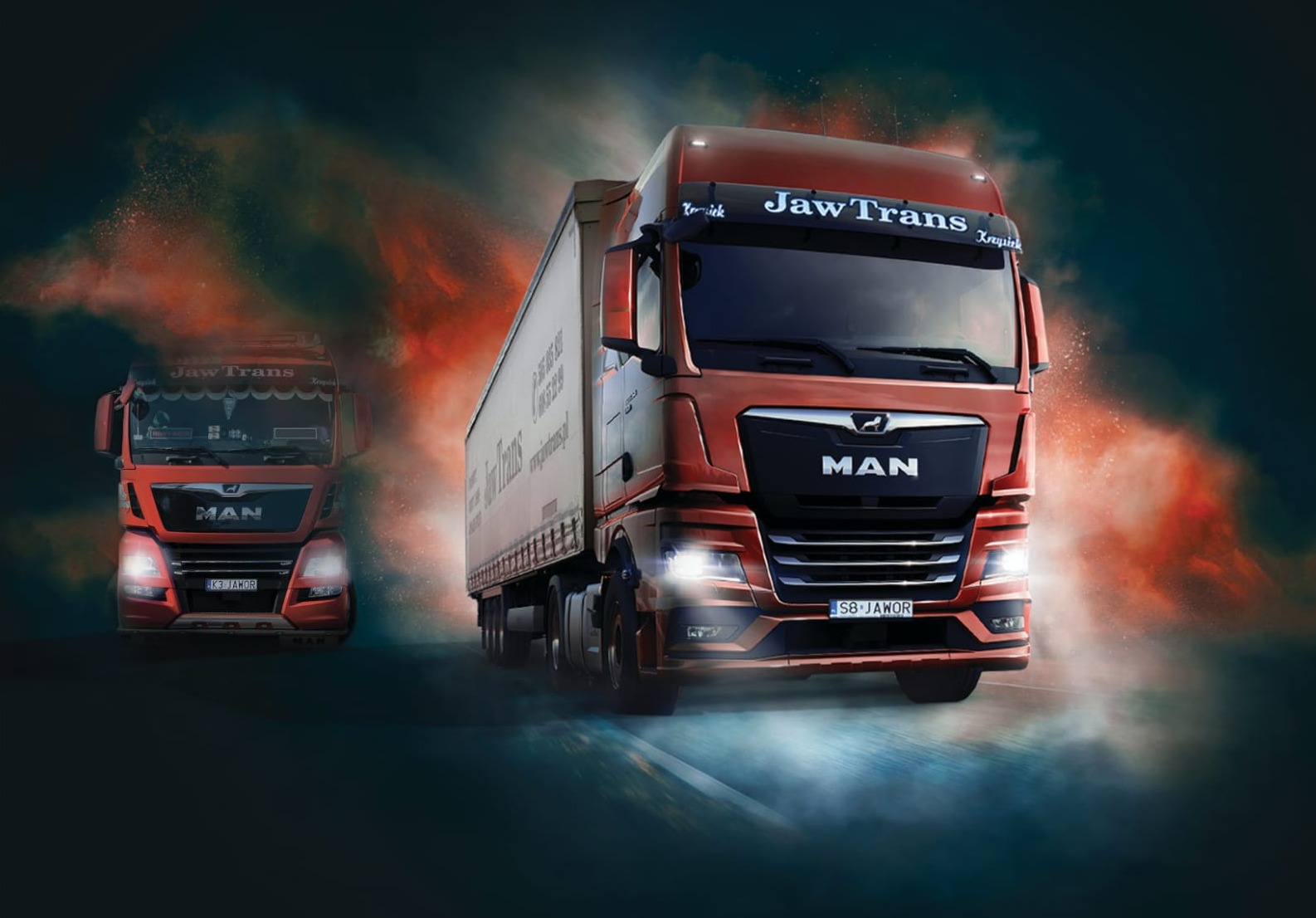 Dwa pomarańczowe ciągniki siodłowe MAN JawTrans z naczepami na tle efektownej grafiki z smugami światła i dymu, prezentacja floty transportowej.
