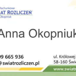 Wizytówka Biura Rachunkowego 'Świat Rozliczeń' Anny Okopniuk z adresem, numerem telefonu i adresem e-mail.