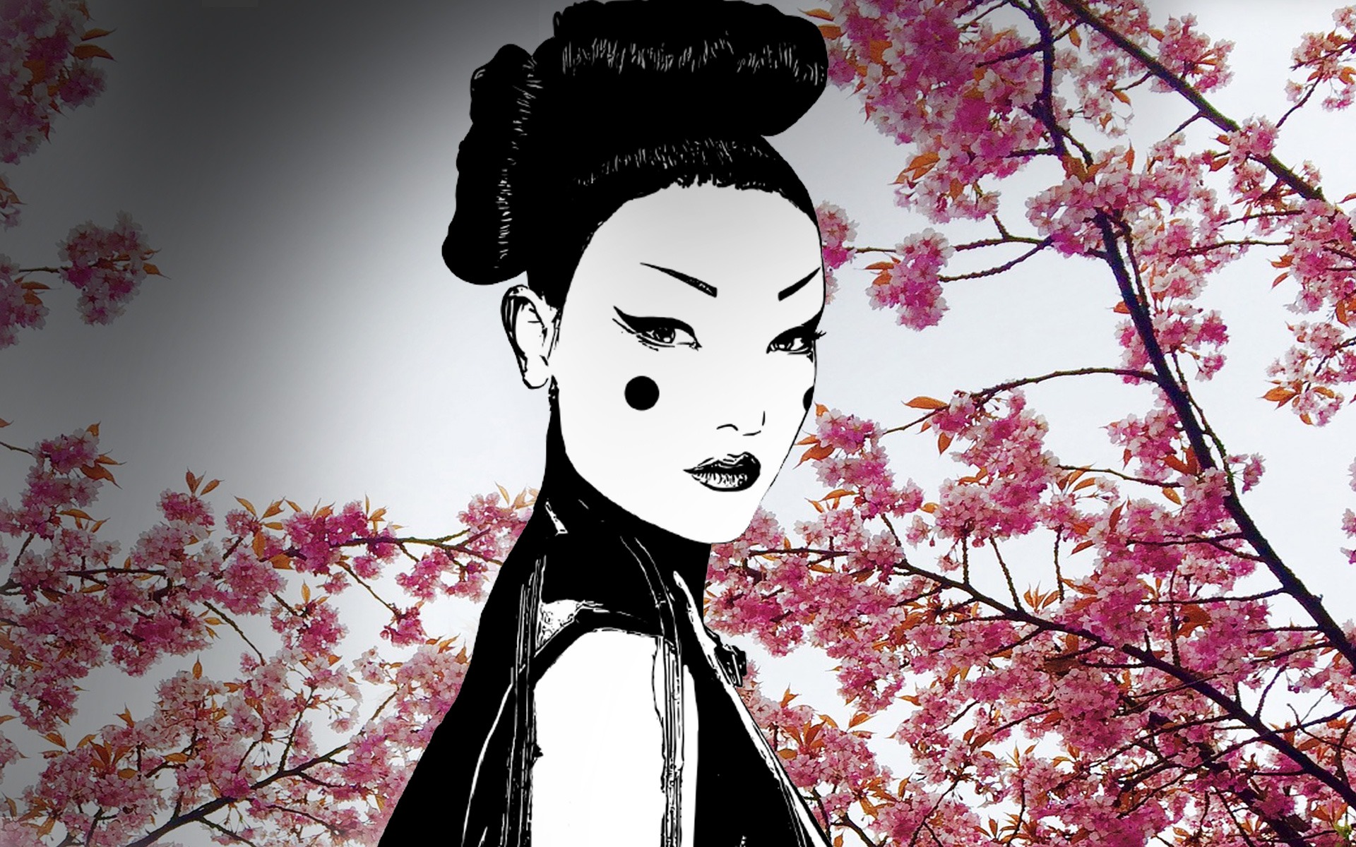 Stylizowany portret kobiety z wyrazistym makijażem i upiętymi włosami na tle kwitnącej wiśni, w czarno-białej tonacji z różowymi akcentami kwiatów.