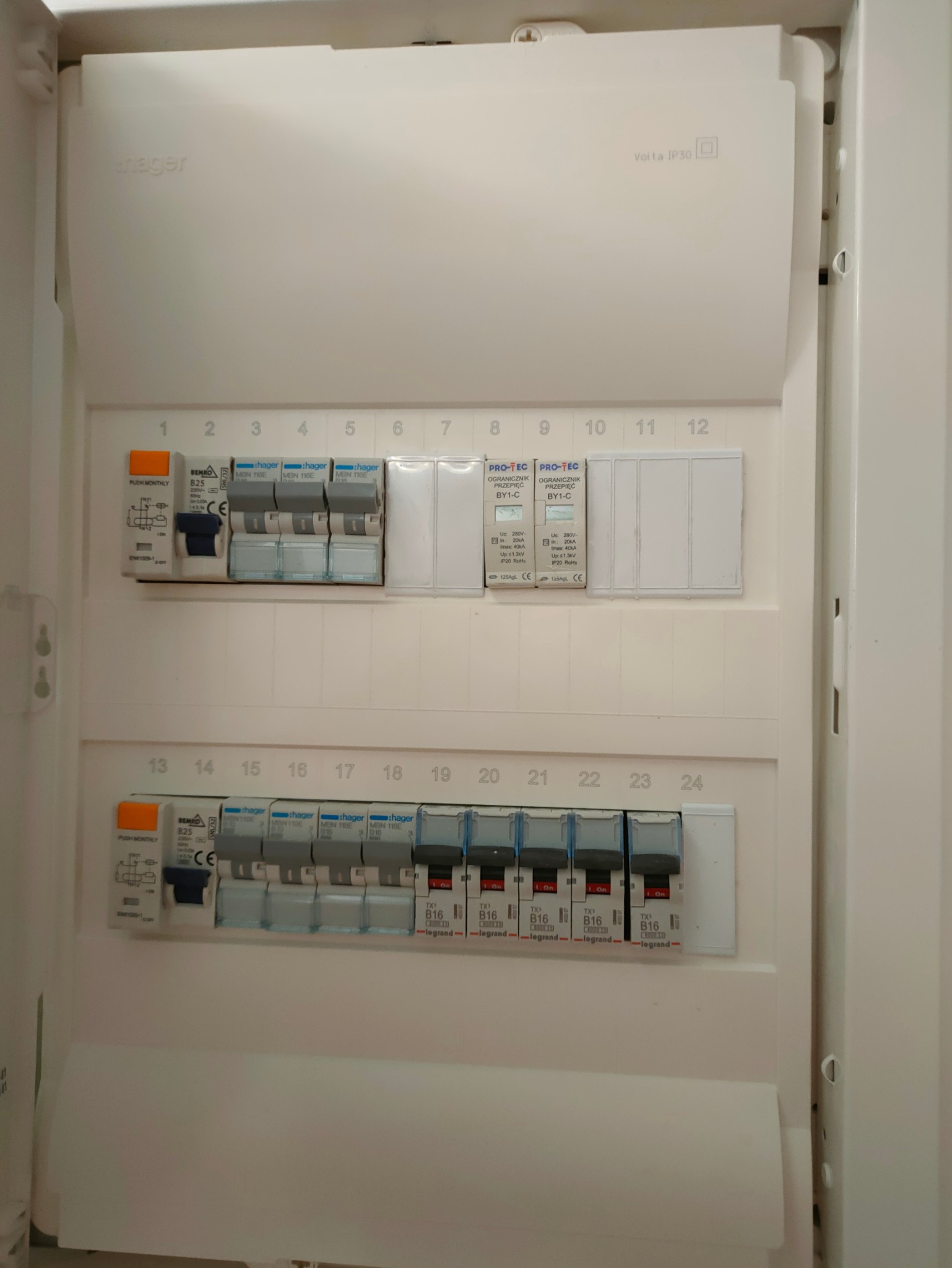 Rozdzielnica elektryczna z zainstalowanymi bezpiecznikami i ogranicznikami przepięć, widok z bliska, wewnątrz szafki, biała obudowa, numery obwodów nad bezpiecznikami.