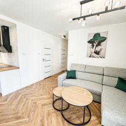 IdealSpace Sp. z o.o. - Jasne wnętrze po remoncie: parkiet w jodełkę, szara sofa z zielonymi poduszkami, okrągłe stoliki kawowe i obraz z kobietą w zielonym kapeluszu.