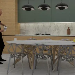 Wnętrze nowoczesnej kuchni z drewnianymi szafkami, marmurowym blatem i geometrycznymi krzesłami; mężczyzna nalewa kawę, a małe dziecko stoi przy stole.