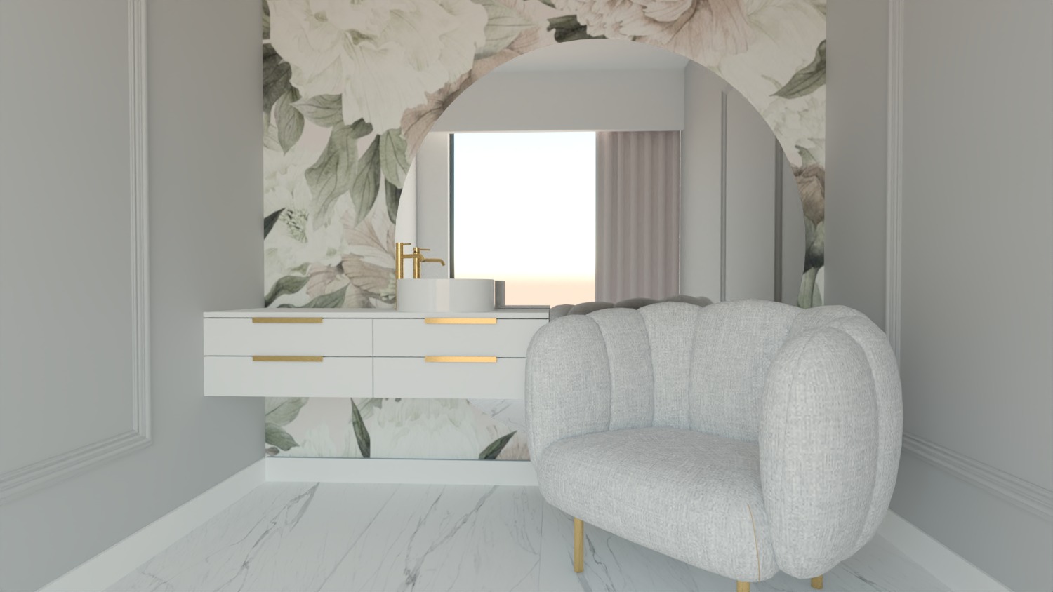 Wizualizacja łazienki w stylu glamour z białymi meblami, złotymi akcentami i fototapetą w kwiaty, uzupełniona o fotel muszelkę na złotych nóżkach.