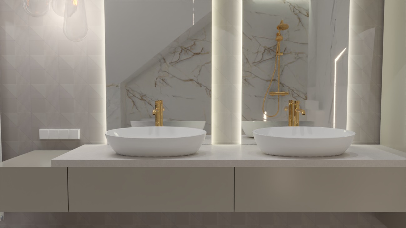 Nowoczesna łazienka z dwiema białymi umywalkami nablatowymi, złotymi bateriami i marmurowym wykończeniem ściany za lustrem, oświetlona pionowymi lampami LED.