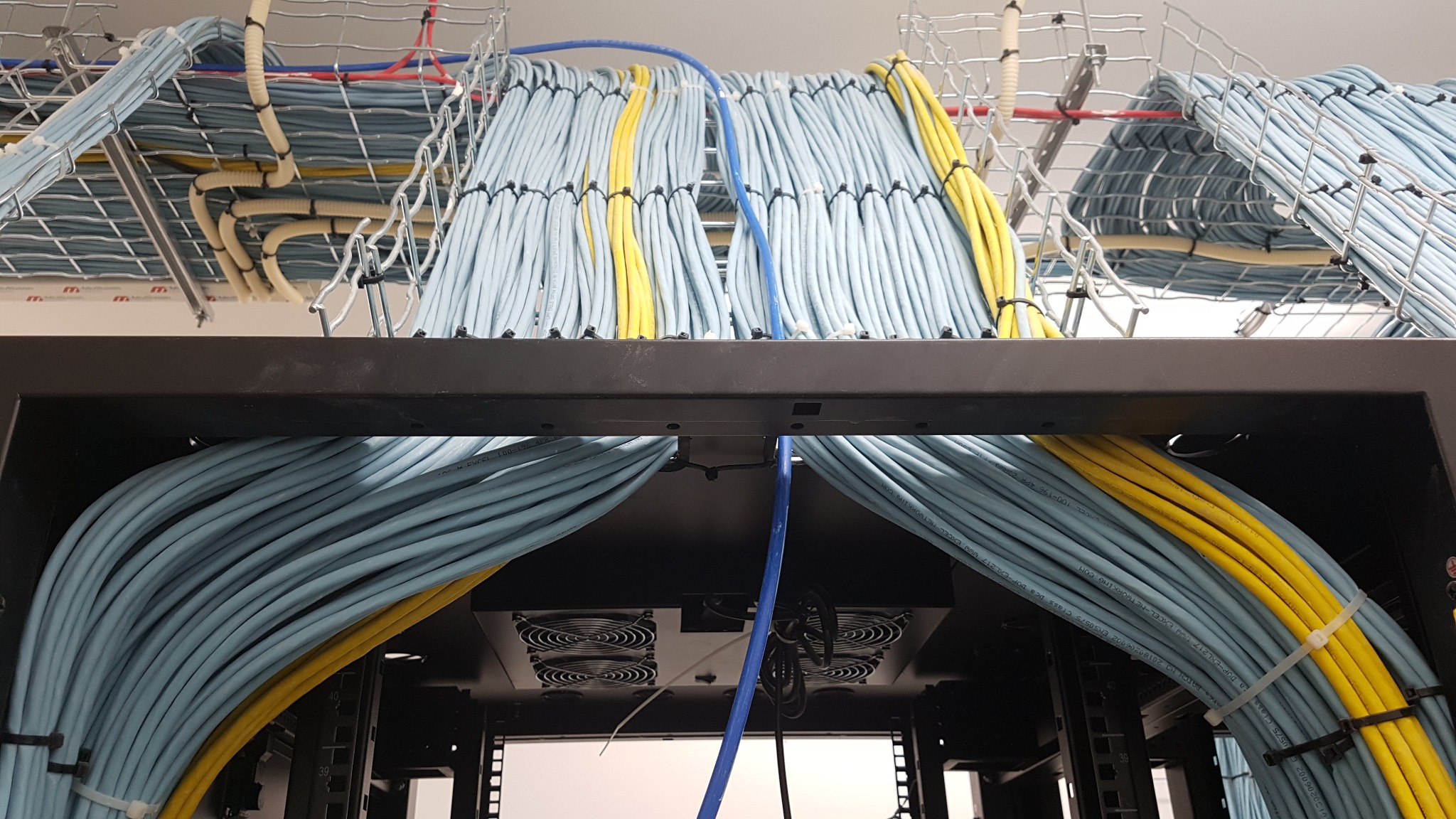 Uporządkowane kable sieciowe w szafie rack, przewody w kolorze niebieskim i żółtym zabezpieczone opaskami, widoczne wentylatory chłodzące i metalowa drabinka kablowa pod sufitem.