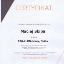 Certyfikat firmy PRO-KLIMA Maciej Skiba upoważniający do montażu i serwisu urządzeń klimatyzacyjnych firmy Nabilaton, ważny do 31-01-2022.