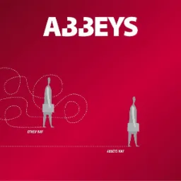 Graficzna ilustracja na czerwonym tle przedstawiająca dwie postacie z teczkami, jedna podążająca prostą ścieżką podpisaną 'Abbeys Way', a druga krętą ścieżką podpisaną 'Other Way', z nazwą 'ABBEYS'...