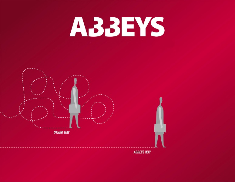 Graficzna ilustracja na czerwonym tle przedstawiająca dwie postacie z teczkami, jedna podążająca prostą ścieżką podpisaną 'Abbeys Way', a druga krętą ścieżką podpisaną 'Other Way', z nazwą 'ABBEYS'...
