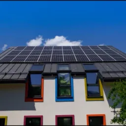 Panele słoneczne na dachu domu z kolorowymi obramowaniami okien, widok z dołu na tle błękitnego nieba z chmurami.