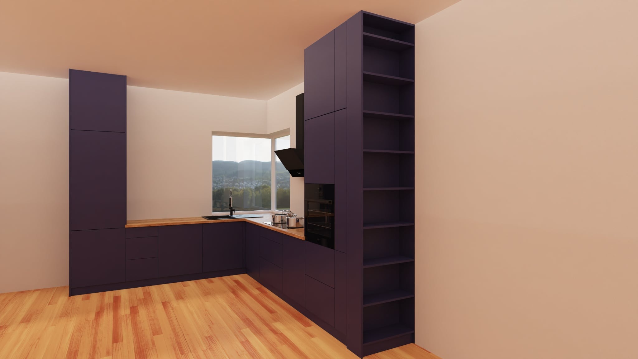 Wizualizacja kuchni na wymiar w odcieniach fioletu z drewnianym blatem, z oknem na tle górskiego krajobrazu. Nowoczesny design z otwartymi półkami i czarnym okapem.