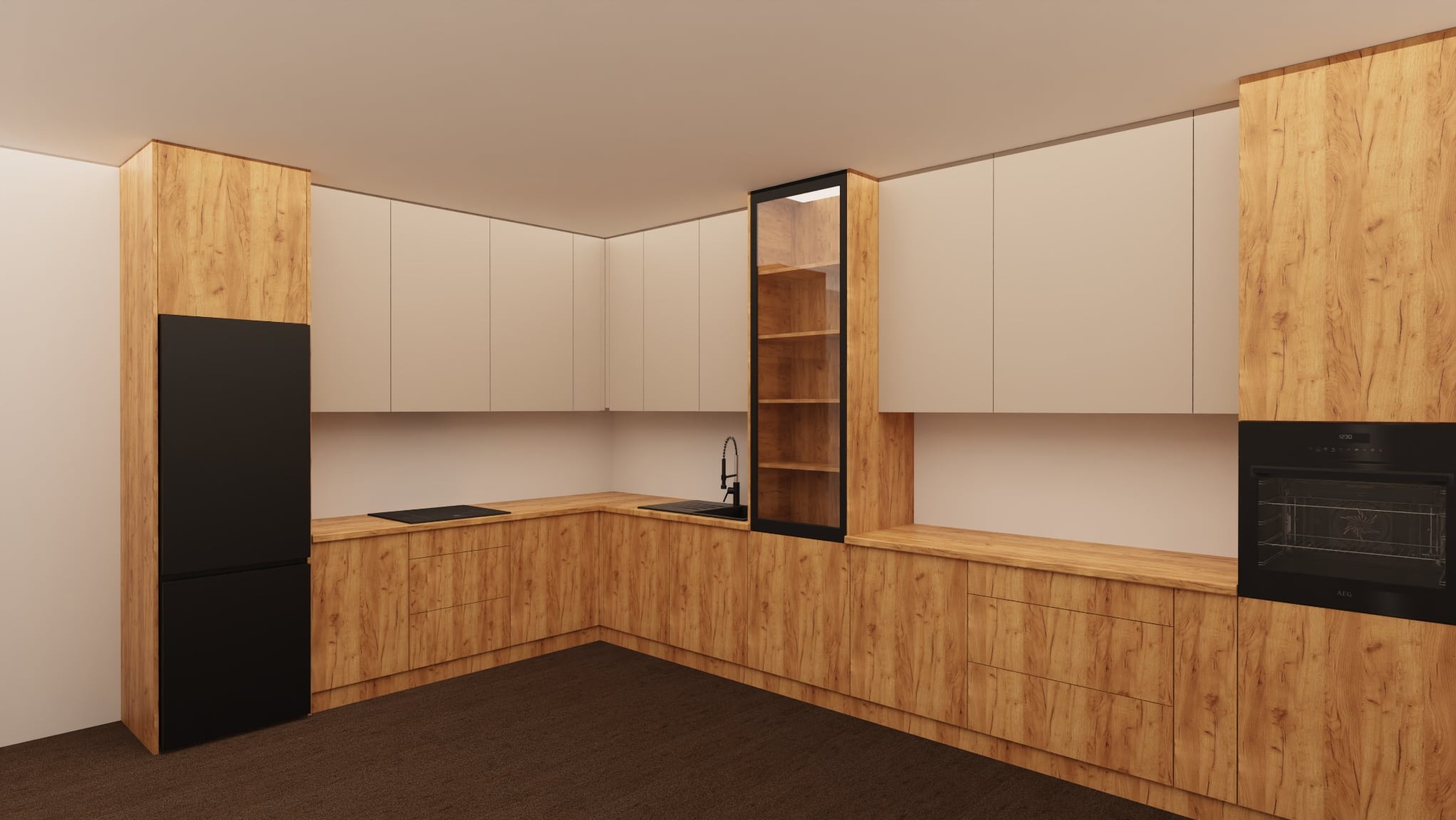 Wnętrze kuchni z drewnianymi szafkami dolnymi i beżowymi górnymi. Po lewej czarna lodówka, po prawej piekarnik. Ujęcie z niskiego kąta, widoczna podłoga.